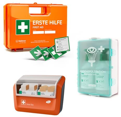 FLEXEO-Erste-Hilfe-Koffer-Set DIN 13157:2021 mit Wandhalterung, mit gefülltem WERO Pflasterspender und FLEXEO Augenspülstation inkl. 2x 500ml Flaschen Kochsalzlösung und Wandhalterung