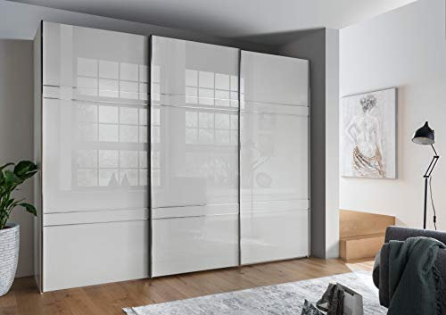 WIEMANN Rialto Kleiderschrank, Schwebetürenschrank, Schlafzimmerschrank, mit Schiebetüren, Breite 300 cm, in weiß, Glas weiß, Holz, B/H/T 300x217x67 cm