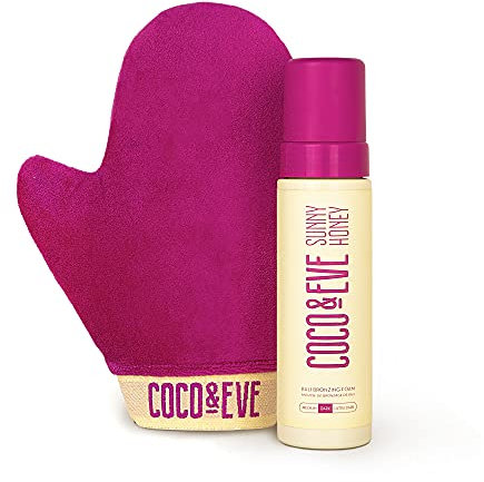 Coco & Eve Sunny Honey Bali Bronzing Self Tanner Mousse Set (Dark) - All Natural Sunless Tanning Mousse | Instant Self Tanning with Bronzer with Self Tanning Mitt Applicator (200ml)