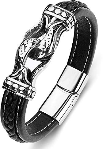 Daesar Herren Armbänder Leder Schwarz, Biker Kette Lederarmband Geflochten mit Magnetverschluss Partnerarmband Leder Armband 18.5CM Charms