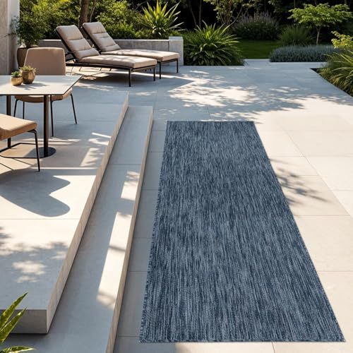 TT Home Teppich Für Outdoor Wetterfest Küchenteppich Balkon Terrasse Unifarbenes Design Modern, Farbe:Blau, Größe:80x250 cm