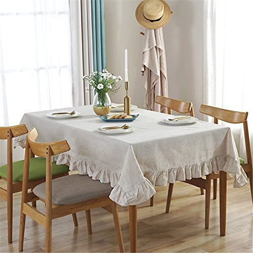 SWECOMZE Tischdecke Abwaschbar Tischdecke Baumwolle und Leinen mit Rüsche Dekoration Quadratisch Gartentischdecke Couchtisch Tischtuch Hochzeit (Beige,90 * 90CM)