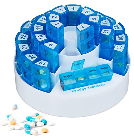Relaxdays Tablettenbox, große Pillendose für 31 Tage, BPA-freier Kunststoff, tägliche Medikamentenbox, weiß/blau