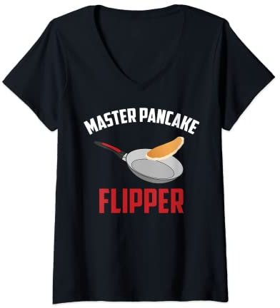 Womens Cute Master Pancake Flipper | Funny Pan Flat Cake Chef Gift V-Neck T-Shirt