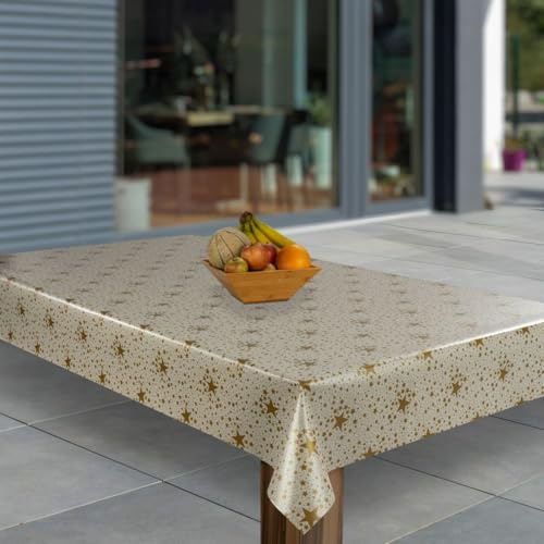 laro Wachstuch-Tischdecke Abwaschbar Garten-Tischdecke Wachstischdecke PVC Plastik-Tischdecken Eckig Meterware Wasserabweisend Abwischbar, Muster:Sterne Firmament Weiß Gold Weihnachten, Größe:100x140