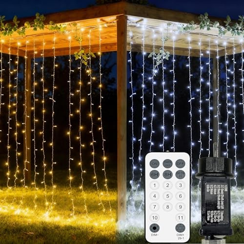 Lichtervorhang 3m x 3m 325 LED, Warm/Weiß Lichterketten Vorhang, Lichterkette Fenster mit Stecker, Fernbedienung, Timer, 11 Modi, Wasserdicht für Hochzeit Garten Weihnachts Wand Außen Innen Dekoration