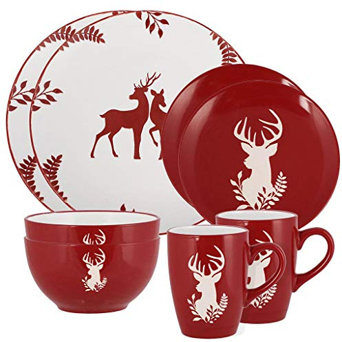 8pc Christmas Crockery Dinner Set Stoneware Crockery Dinner Service | 2 Place Settings, Dishwasher Safe, Microwave Safe, Mugs, Bowls, Side Plates, Dinner Plates, Hand Painted, Red & White