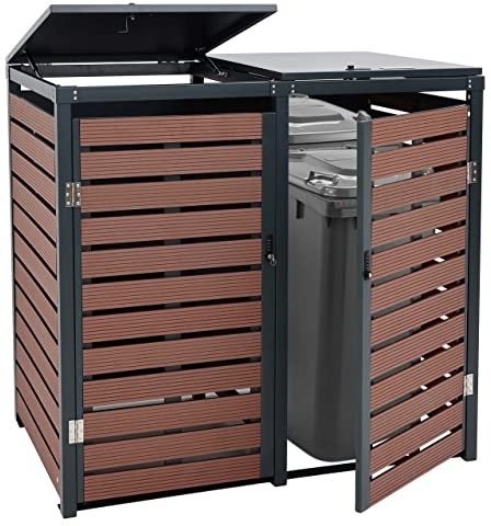 Mendler XL 2er-/4er-Mülltonnenverkleidung HWC-K14 - Walnuss-Holzoptik | Mülltonnenbox, WPC, Metall, 86kg, 119x140x102cm