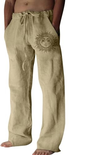 Litthing Pantalon en Lin Coton Léger pour Homme Pants d'Été Long Décontracté avec Jambes Larges Taille Élastique et Poches Pratiques Idéal pour Les Loisirs