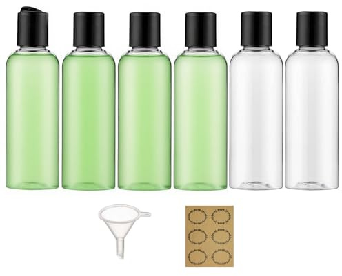 Apstaqeoo 6PCS 100ML Plastic Bottles with Disc Top Flip Cap Empty Squeeze Bottles Refillable Travel Container Dispensing with 1 Funnel 6 Label TSA Approved for Liquid Lotion Toiletries（Transparent）