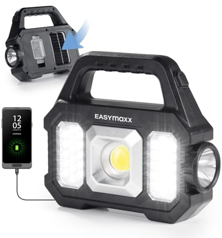 EASYmaxx Solar-Arbeitsleuchte 3 in 1: COB-Strahler, dimmbares COB-Seitenlicht & XPG- Taschenlampe | Aufladen durch Solarpanel oder per USB-Anschluss | Ideal auch zum Campen oder bei Stromausfall