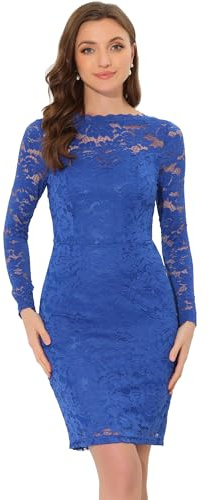 Allegra K Women's Elegant Floral Lace Boat Neck Wedding Party Cocktail Bodycon Pencil Dress Royal Blue L