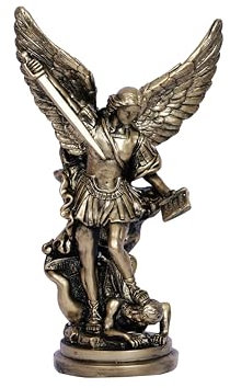 San Miguel Arcangel 12inch St Michael Statue - Saint Archangel Michael Defeated Lucifer Tramples Demon Resin Battle Angel Bronze Collectible Religious Figurine