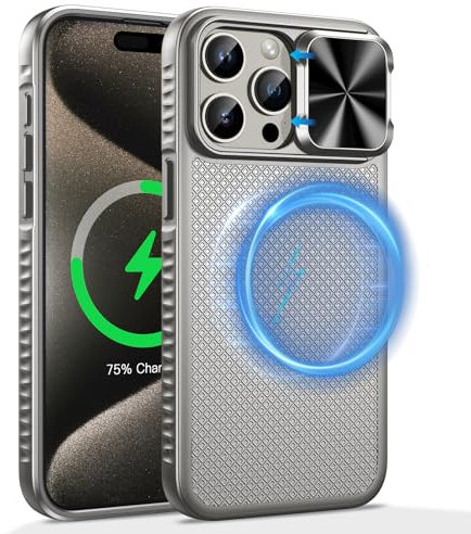 HWeggo per iPhone 15 Pro Max 6.7” Custodia magnetica, compatibile con MagSafe&Slide Camera Cover, Grado militare antiurto leggero TPU Bumper Edge protettivo Phone Cover (Titanio)