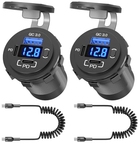 96W USB 12V Outlet 3 Port (with 2 Type c Cable): Multi USB C Car Charger Adapter Dual PD30W & QC3.0 Auto Cigarette Lighter Socket 12 Volt with Voltmeter Power Switch for Marine RV Boat Motorcycle ATV