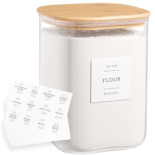 Large glass flour and sugar containers with 132 Kitchen Pantry Labels - 110 oz Glass Food Storage Containers with Airtight Lids - Square Glass Jars with Bamboo Lids for Rice, Pasta, Cookies, grain