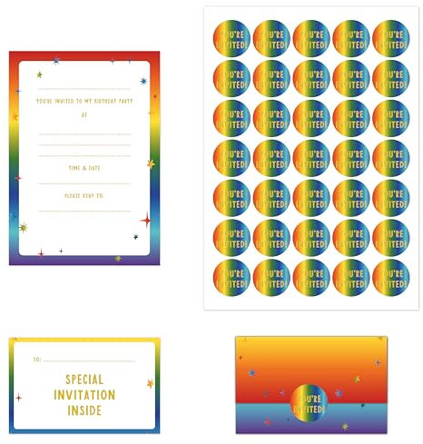 Manta Makes 35 Kids Childrens birthday party invitations, kids invites with envelope design for girls or boys with free stickers (Rainbow)