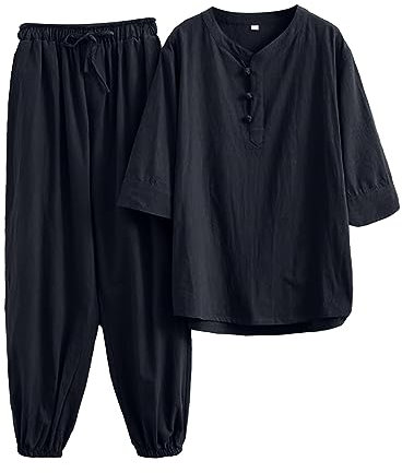Herren-Set, atmungsaktiv, faltig, zweiteilig, atmungsaktiv, Hemd- und Hosen-Set mit Rollärmeln Reise Koffer (Black, XXL)