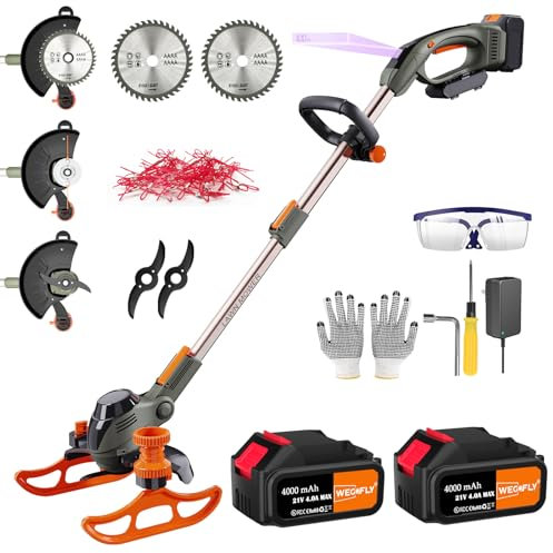 WeGofly Cordless Grass Trimmer, with (21V 2x4.0Ah & Charger), 4-in-1 Electric Strimmer/Garden strimmer/Brush Cutter and lawn edger, with 2 x Saw Blades, 2 x Metal Blades, 20x Grass