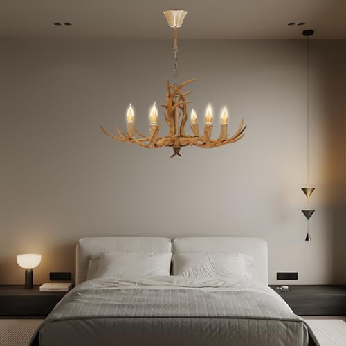 Mermajestic Geweih Kronleuchter, Vintage Pendelleuchte Esstischlamp, Lampe Glanz Antike Schlafzimmer Pendelleuchte Lampenschirm Decke Kronleuchter Korridor Vintage Stil Harz E14 × 6 Glühbirne
