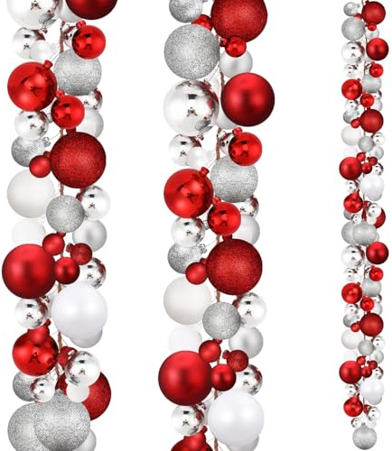 Yuxung 2 Stück 1,8 m Weihnachtskugel-Girlande, Rot, Weiß, Silber | Christbaumkugel-Dekoration, bruchsichere Ornamente für Weihnachten, drinnen und draußen, Kamindekoration