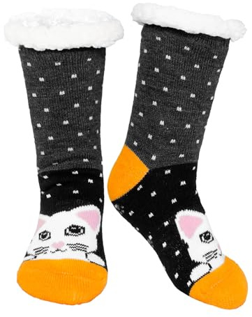 ZFSOCK Slipperstrumpor Dam Slipperstrumpor Med Gripper Fluffiga Sherpa-fodrade Vinterstrumpor Mjuka Termostrumpor för Kvinnor 1 Par 35-41 Mörkgrå Katt