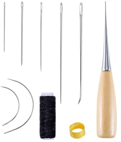 EOWVISN 10 Piece Small Black Thread Leather Hand Sewing Set, Punch Needle Set, Upholstery Needle, Thick Fabric Sewing Needle, Sewing Needle Without Threading, Circular Needle For Sewing