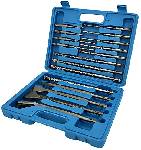 FINEUNAN 17-tlg Bohrhammer SDS Plus Bohrer und Meißel Set ink. FLIESEBMEIßEL SDS Hammerbohrer für beton ziegel zement stein mit 4 Schneiden und tragbarem Koffer SDS Plus Schaft passend für Bohrhammer