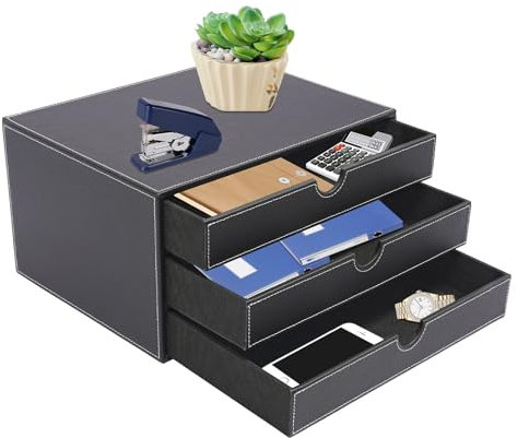 CHFUNE 3-stufiger Dokumenten-Organisator, Schwarz Schubladenbox a4, PU-Schubladenbox, Schreibtisch Organizer, Document Organizer Dokumentenablage Büro Ablage, 33 * 25 * 18 cm