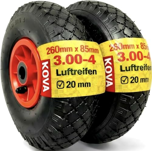 2X Sackkarrenrad Luftbereifung 3.00-4, 260x85, Nabe Ø20×75, Reifen mit Schlauch & Rad Sackkarre Bollerwagen Luftreifen Ersatzrad Sackkarren Räder Rollenlager Luftrad Winkelventil Schw/Rot