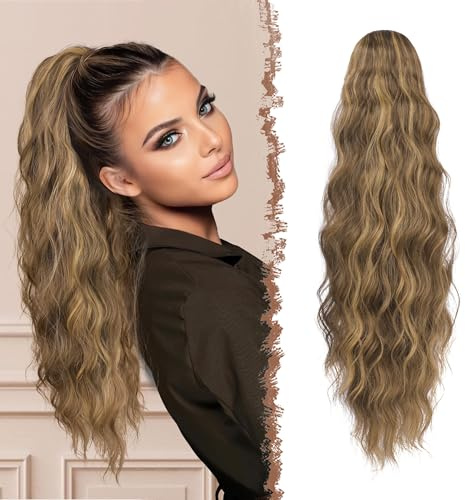 FESHFEN Lange Pferdeschwanz Haarteil Extensions, Lockig Wellig Haarextension Zopf mit Kamm Synthetik Haarverlängerung Ponytail für Frauen, 60 cm Honigblond Gemischt mit Hellbraun
