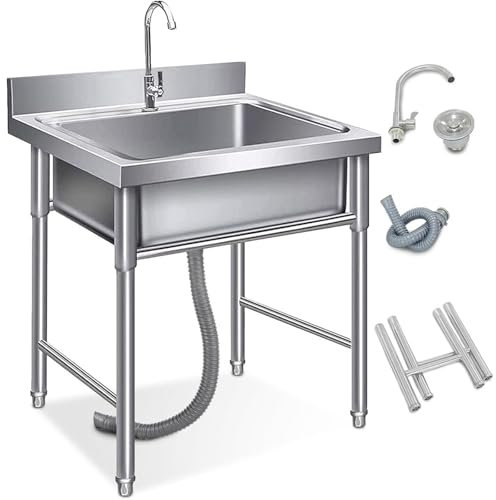 DCLINAD Fregadero Independiente De Acero INOX 1 Seno Fregadero Utilitario Fregadero Exterior, Fregadero Industrial Fregadero De Cocina Comercial con Grifo para Garaje,Restaurante,Jardín,lavadero