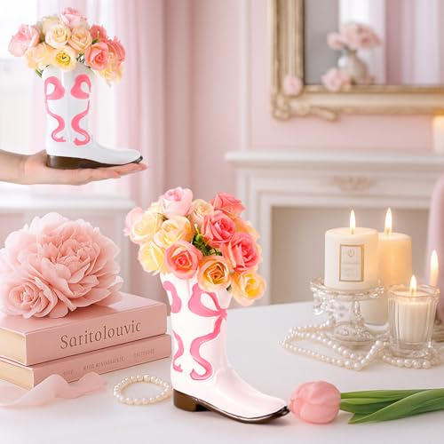 Ninehaoou 5.9 in Mini Cowboy Boot Vase Pink Bow Cowgirl Boot Flower Vase Western Country Accent Planter Ceramic Flower Arrangements for Western Party Wedding Modern Aesthetic Home Decor