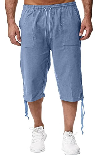 Pantaloni da lavoro da uomo a 3/4 in vita elasticizzata casual in cotone e lino con tasche pantaloncini Capri in cotone e lino da uomo UK leggeri comodi casual pantaloni corti da spiaggia, Blu, L