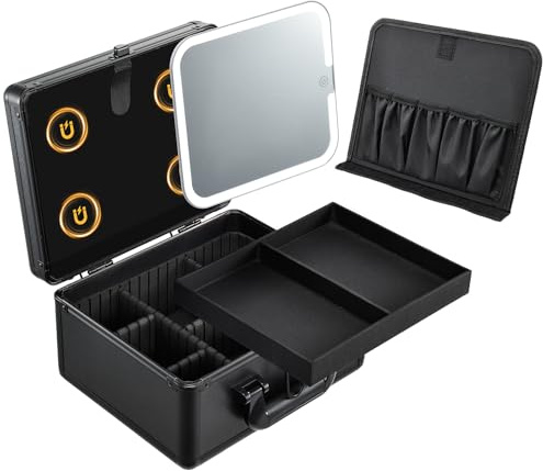 Vanity Case with LED Mirror Makeup Box Removable Light Up Mirror | Portable Beauty Case Makeup Artist Carry Vanity Box with Adjustable Dividers and Makeup Brush Holder, Black