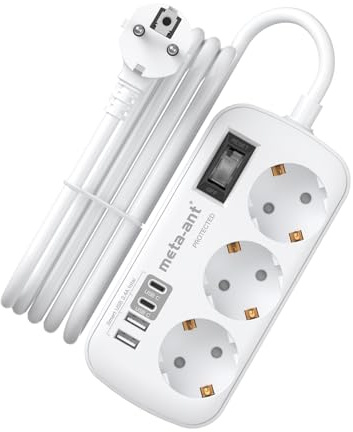 Steckdosenleiste mit USB 3.4A 17W, 3 Fach steckdosenleiste mit überspannungsschutz 4000W, Socket with 4 USB (2 USB-C), 3 Meter, Steckdosenleiste Wandmontage für Heim Büro, Weiß