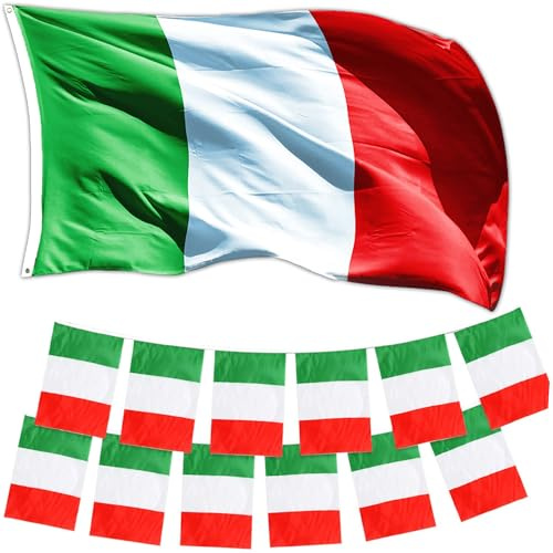 GUSTO Juego de 10 banderas de Italia 90 x 150 cm con ojales y 20 guirnaldas 14 x 21 cm, resistente, tricolor azul nacional nacional (10 banderas + 20 Guirnaldas)