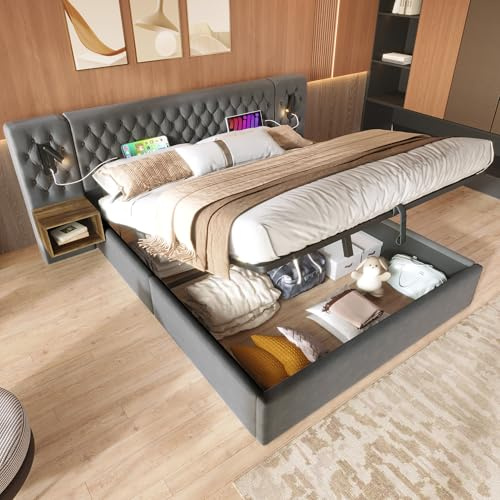 Aunvla Bettanlage Schlafzimmer Komplett Set,Polsterbett Hydraulisch Stauraumbett Doppelbett 160×200 cm mit 2 Nachttischen, Kopfteil Leselicht mit USB Ladefunktion, Grau, Samt(Ohne Matratze)