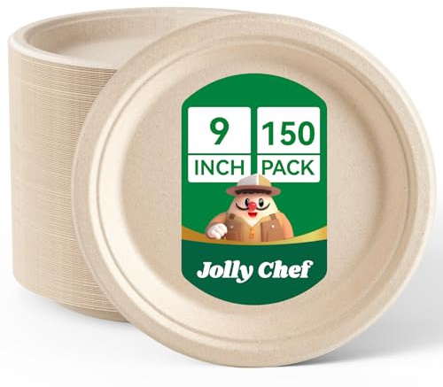 JOLLY CHEF 150 Pack 9 Inch Strong Disposable Bagasse Plates Natural | Compostable Biodegradable Bagasse Plates, Heavy-Duty Sugarcane Plates for Party & Dinner