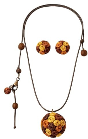 Nativilis - Set di gioielli fatti a mano all'uncinetto, collana e orecchini abbinati, ciondolo a sfera in pizzo frivolitê e orecchini a perno, set di cotone leggero bohémien, regalo unico per le donne
