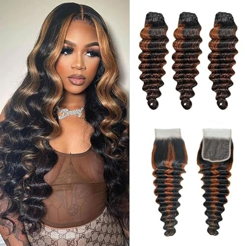 FUIBEJAE #P1b/30 Paquetes de Cabello Humano Ondulado Suelto Profundo 3 Paquetes con Cierre de Encaje Cabello Humano Brasileño Virgen Ondulado Suelto Paquetes para Mujeres Negras,14 16 18+14closure