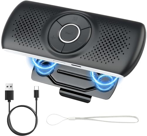 Hands Free Car Phone Kit, Bluetooth 5.0 Speakerphone for GPS Music, TF Card Slot, Siri Google Assistant Support,Voice Commands Calls Wireless Visor Speaker Magnetic Clip for Android & iOS