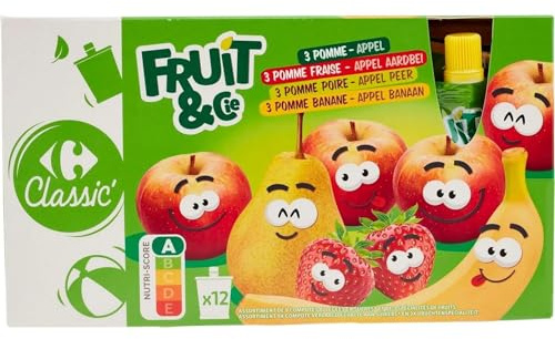 CARREFOUR CLASSIC - Assortiment de 12 Compotes Allégées en Sucres Pomme, Pomme Fraise et Spécialités Pomme Poire - les 12 gourdes de 90g - 1080g - Le Lot De 3