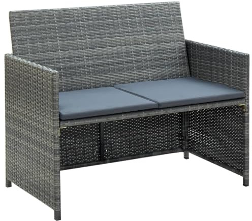 Foknhdi 2-Sitzer Gartensofa Poly-Rattan 100x56x85 cm grau, Balkonsofa mit 5 cm abnehmbaren Polstern, wetterfest, stahlrahmen