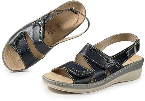 JOMIX Sandali Donna Zeppa Ortopedici Comodi con Plantare Estraibile in Vera Pelle Doppio Strappo e Fibbia Regolabile Scarpe Anziani Ergonomici Anatomici per Piedi Delicati e Maturi Blu 39