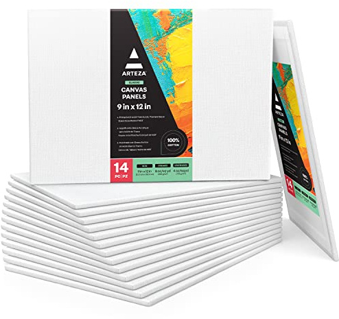 Arteza Paneles de lienzo para pintar | 22,86x30,48 cm | Pack de 14 | 100% algodón | Tablillas enteladas para óleo, acrílicos y medios húmedos| Para artistas profesionales, aficionados y principiantes