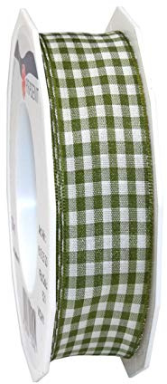 PRÄSENT Vichy Geschenkband mit Drahtkante Olive/créme, 20 m Dekoband zum Verzieren & Basteln, 25 mm Breite, Kariertes Band für Bunte Dekos & Geschenkverpackungen, zu feierlichen Anlässen