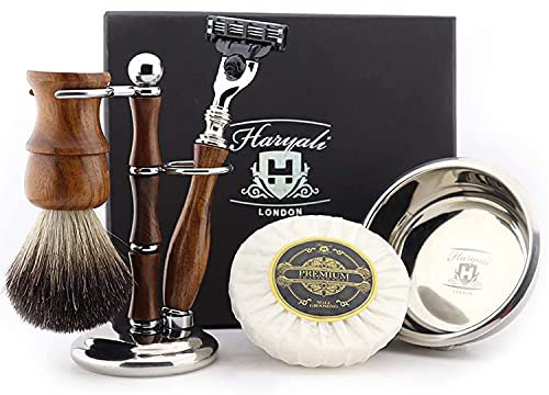 Haryali London Rasierset – 5-teiliges Rasierset aus Holz – Rasierer mit 3 Klingen – Dachshaarpinsel – Rasierseife – Rasierschale – Rasierständer – Geschenk-Rasierset, Holz