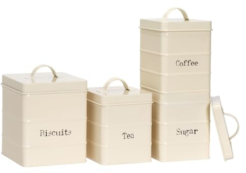 Harbour Housewares Metal Kitchen Canister Set - Cream - 4pc Vintage Retro Food Storage Preservation Canister Caddy Container Biscuit Tin with Airtight Fit Lid for Kitchen Organisation & Home Décor