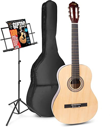 MAX SoloArt akustische Gitarre mit Tasche und Notenständer, Stimmgerät, Plektrum, Gurt und Zubehör - Spanische Akustik-Gitarre für Anfänger, Konzertgitarre in Holz-Natur